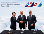 Left to right, Juichi Hirasawa (CEO and President of All Nippon Airways), Carsten Spohr (CEO of the Lufthansa Group) and Joerg Eberhart (CEO of ITA Airways)