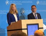 Sheri Lilley and Tim Lilley, parents of PSA Airways first officer Sam Lilley, addressing an ALPA audience on June1.