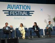 Oneworld director sustainability and innovation Matthew Ridley; Miami-Dade Aviation Department aviation special advisor energy and resilience Patricia Gomez Acevedo; American Airlines VP sustainability Jill Blickstein; and Alaska Airlines head of corporate development Pasha Saleh.