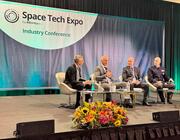 Aviation Week Defense & Space Executive Editor Robert Wall (left) moderates a space superiority panel with industry executives and Space Systems Command Deputy Commander Col. Andrew Menschner (right) at the 2026 Space Tech Expo on June 3, 2026, in Anaheim, California. Credit: Space Tech Expo // Informa 