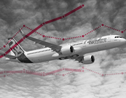 Airbus A320neo flying against line graph