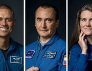 From left, NASA astronaut Anil Menon and Roscosmos cosmonauts Pyotr Dubrov and Anna Kikina will launch aboard the Soyuz MS-29 spacecraft from the Baikonur Cosmodrome in Kazakhstan to the International Space Station. NASA