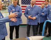 Boeing Defense CEO Steve Parker, center, with Defense Secretary Pete Hegseth, second of the left, during a visit to the company’s Huntsville, Alabama, facility. Credit: Boeing
