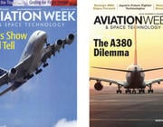 left: Airbus A380 at Paris Air Show; right: rear view of A380 on runway