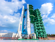 rocket stands on launch pad