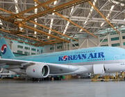 Korean Air Airbus A380 inside a large maintenance hangar