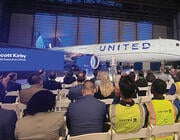 Scott Kirby speaking in front of United A321XLR before crowd