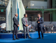 Arianespace Caption Amazon Leo exec Gerd Weber (left), French Research Minister Philippe Baptiste (center) and Arianespace CEO David Cavaillolès during Ariane 6 launch order announcement. 