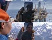 split image of two workers holding smartphones against offshore oil platform and snow-capped mountains
