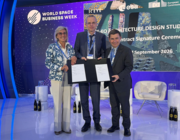 officials on stage at world space business week