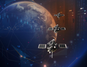 three satellites orbit Earth against dark digital network backdrop