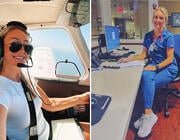 left: Lindsey Savko in the cockpit; right: Lindsey Savko in scrubs at the hospital
