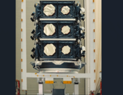 : The satellites O3b F11, F12 and F13 stacked atop each other before being transferred from Boeing's satellite factory in El Segundo, California, to Cape Canaveral SFS. Credit: Boeing