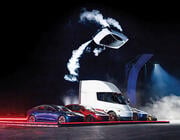 Tesla roadster doing a flip over five vehicles