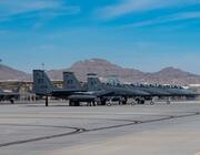 F-15s, F-15EXs and an F-22 at Nellis AFB, Nevada, in 2023.