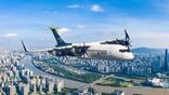 Airbus Zeroe aircraft flying over the city